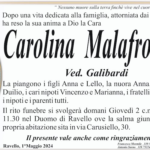 Ravello in lutto per la morte di Carolina Malafronte, vedova Galibardi