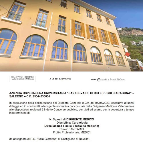 5 Cardiologi per il Pronto Soccorso “Costa d'Amalfi”, il bando dell’AOU “San Giovanni di Dio e Ruggi D'Aragona”