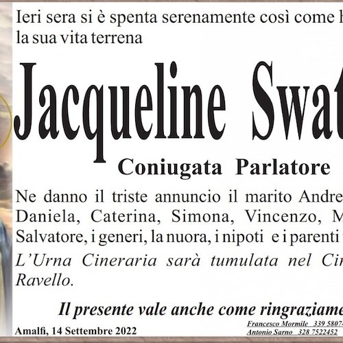 Amalfi e Ravello dicono addio a Jacqueline Swatton, coniugata Parlatore