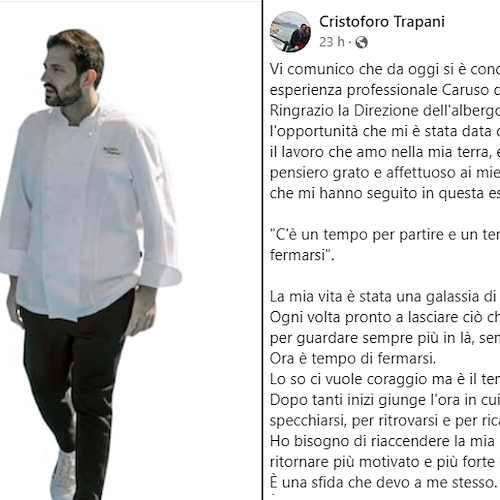 «C'è un tempo per partire e un tempo per fermarsi», Chef Cristoforo Trapani lascia il Caruso di Ravello 