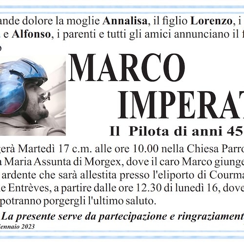 Dissequestrata la salma di Marco Imperato, 17 gennaio l'ultimo saluto al pilota originario di Ravello