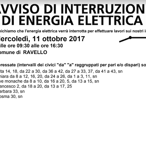 Enel, 11 ottobre interruzione fornitura elettrica a Ravello