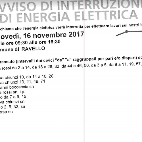 Enel, 16 novembre interruzione fornitura elettrica a Ravello