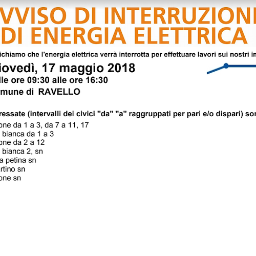 Enel, 17 maggio interruzione fornitura elettrica a Ravello