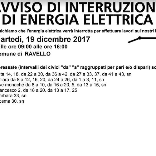 Enel, 19 dicembre interruzione fornitura elettrica a Ravello