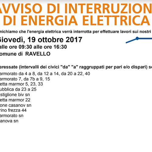 Enel, 19 ottobre interruzione fornitura elettrica a Ravello
