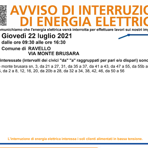 Enel, 22 luglio interruzione fornitura elettrica a Ravello