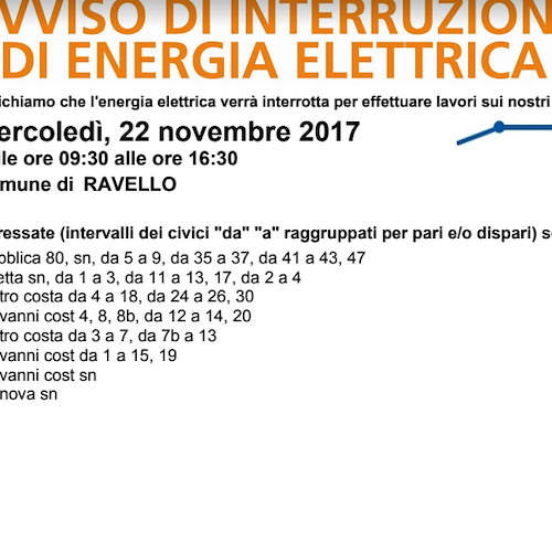 Enel, 22 novembre interruzione fornitura elettrica a Ravello