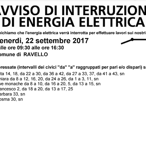 Enel, 22 settembre interruzione fornitura elettrica a Ravello