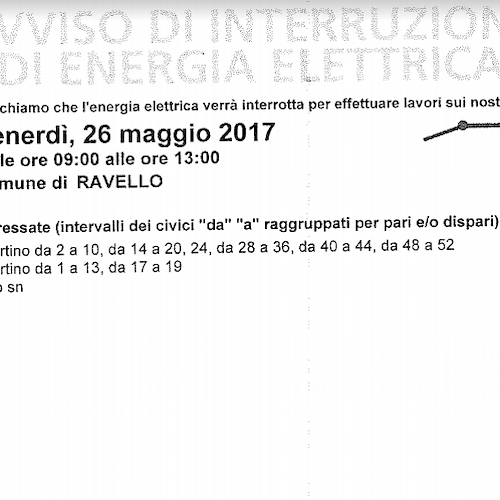 Enel, 26 maggio interruzione fornitura elettrica a Ravello