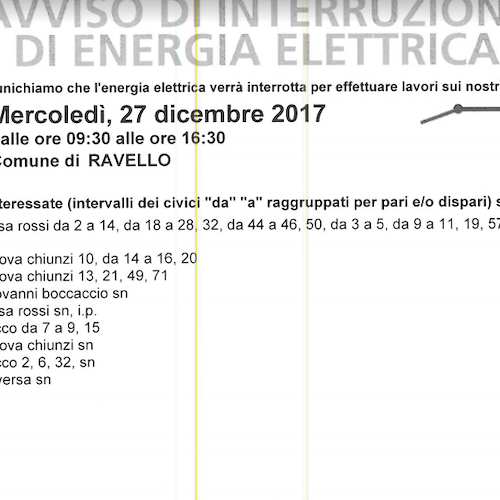 Enel, 27 dicembre interruzione fornitura elettrica a Ravello