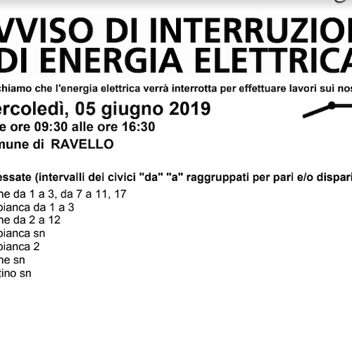 Enel, 5 giugno interruzione fornitura elettrica a Ravello