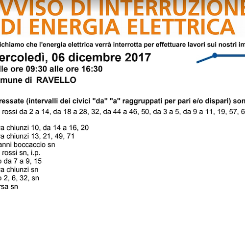 Enel, 6 dicembre interruzione fornitura elettrica a Ravello
