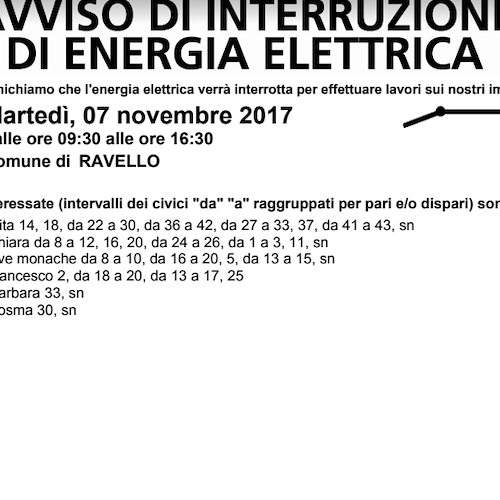 Enel, 7 novembre interruzione fornitura elettrica a Ravello