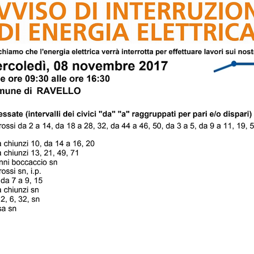 Enel, 8 novembre interruzione fornitura elettrica a Ravello