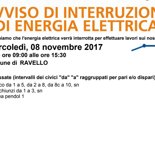 Enel, 8 novembre interruzione fornitura elettrica a Ravello
