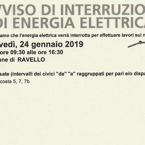 Enel, oggi interruzione fornitura elettrica a Ravello