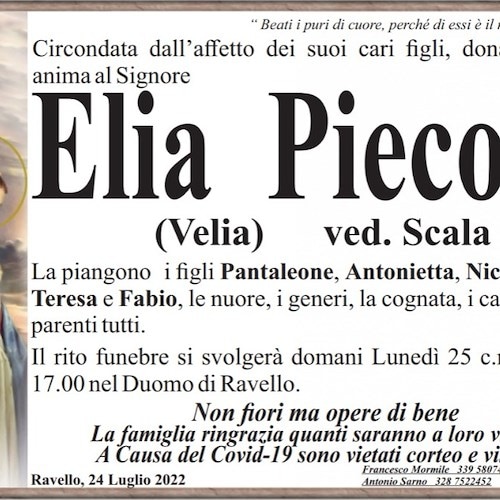 Lutto a Ravello per la morte di Elia Piecoro, aveva 88 anni