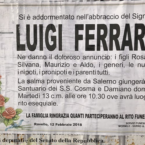 Ravello, a 92 anni si  è spento Luigi Ferrara