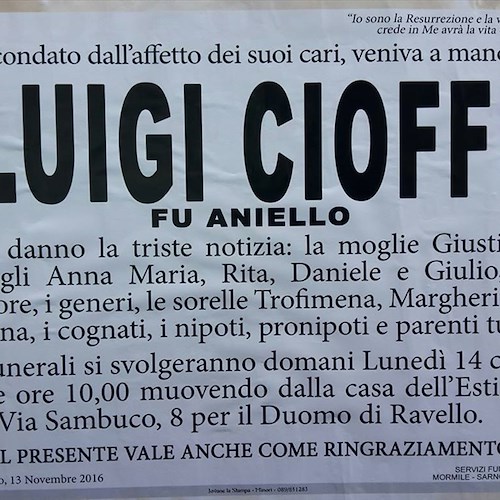 Ravello: addio a Luigi Cioffi, una vita nel settore edile e per le tradizioni