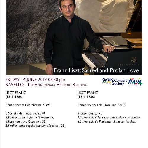 Ravello Concert Society, stasera all'Annunziata il recital del pianista Costantino Catena dedicato a Franz Liszt