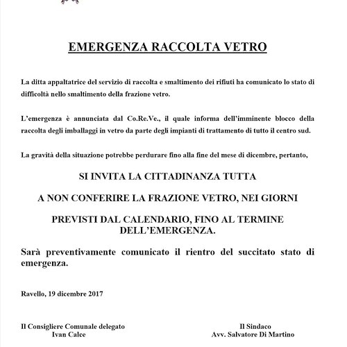 Ravello: criticità per raccolta del vetro, Comune invita cittadini a non conferire 