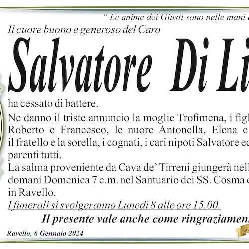 Ravello e la Costa d'Amalfi piangono la morte di Salvatore Di Lieto, aveva 72 anni