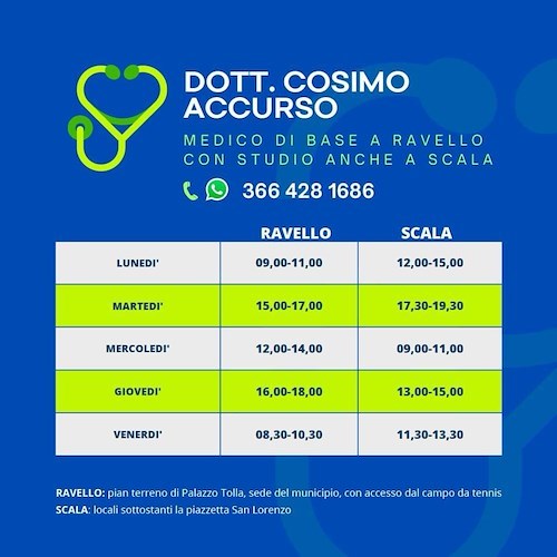 Ravello e Scala accolgono il nuovo medico di base: si tratta del dottor Cosimo Accurso