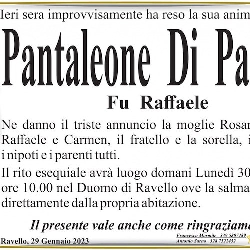 Ravello piange l'improvvisa morte di Pantaleone Di Palma, aveva solo 61 anni