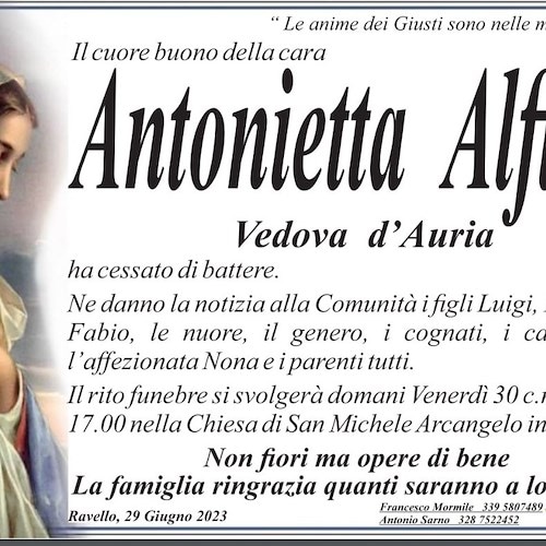 Ravello piange la morte della signora Antonietta Alfieri, vedova d'Auria 