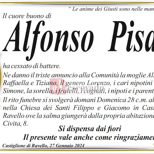 Ravello piange la morte di Alfonso Pisani, aveva 76 anni