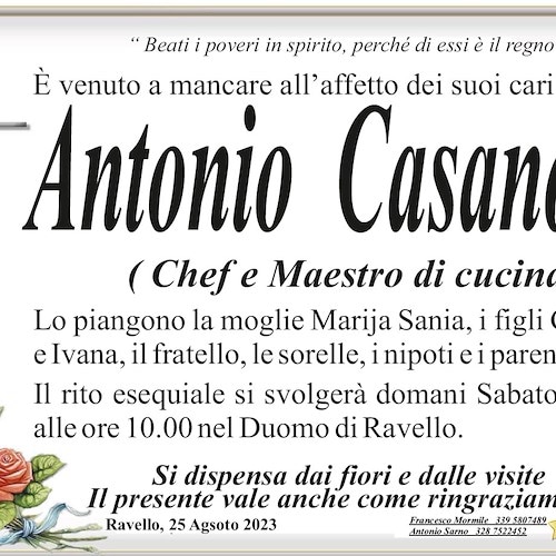 Ravello piange la scomparsa di Antonio Casanova, ex chef e docente di cucina