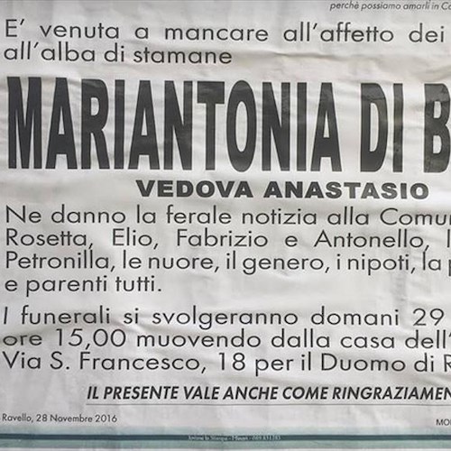 Ravello piange la signora Mariantonia Di Biase, fu governante per Totò