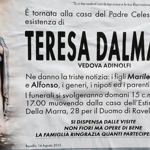 Ravello piange la signora Teresa Dalmato, vedova Adinolfi