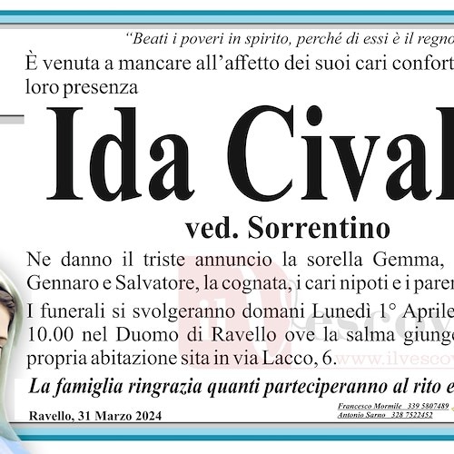 Ravello porge l'ultimo saluto a Ida Civale, vedova Sorrentino