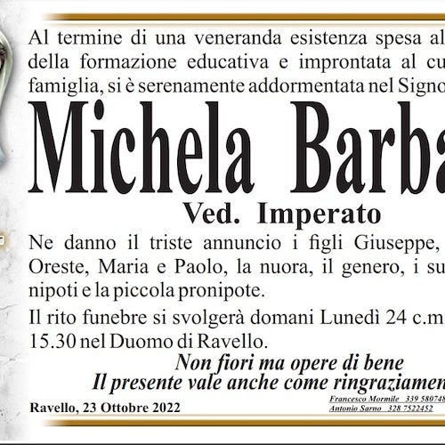 Ravello porge l'ultimo saluto a Michela Barbato, vedova Imperato