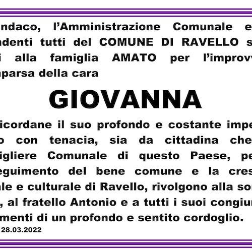 Ravello: si è spenta l'ex consigliere comunale Giovanna Amato, oggi i funerali 
