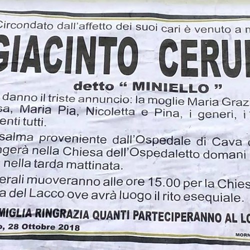 Ravello, si è spento Giacinto Cerullo "Miniello". Oggi i funerali