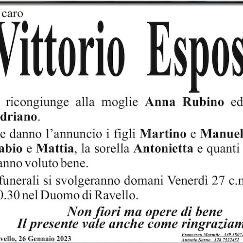 Ravello, Vittorio Esposito si è spento all'età di 85 anni. A dicembre aveva perso il figlio Adriano