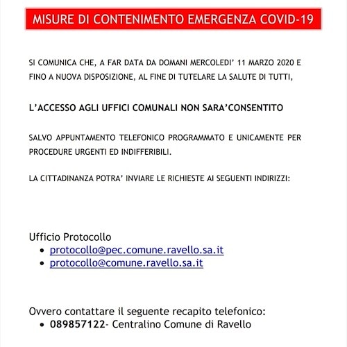 Rischio Cov-19: a Ravello uffici comunali ricevono solo su appuntamento